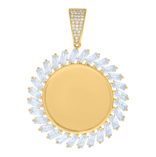 10K Yellow Gold Unisex Baguette Round Cubic-Zirconia Photo Frame Charm Pendant
