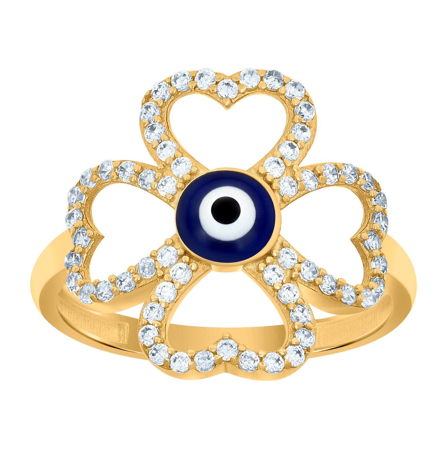 14K Yellow Gold Womens Cubic-Zirconia Clover Evil Eye Enameled Good Luck Ring