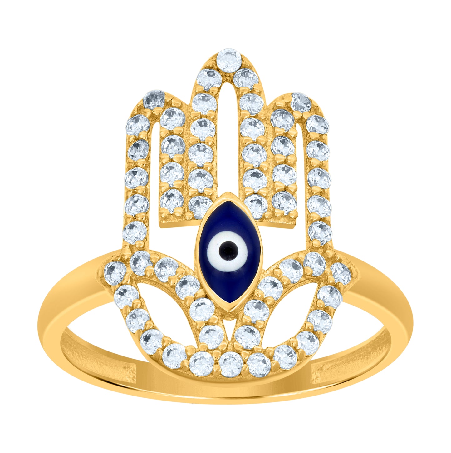 14K Yellow Gold Womens Cubic-Zirconia Hamsa Evil Eye Enameled Good Luck Ring