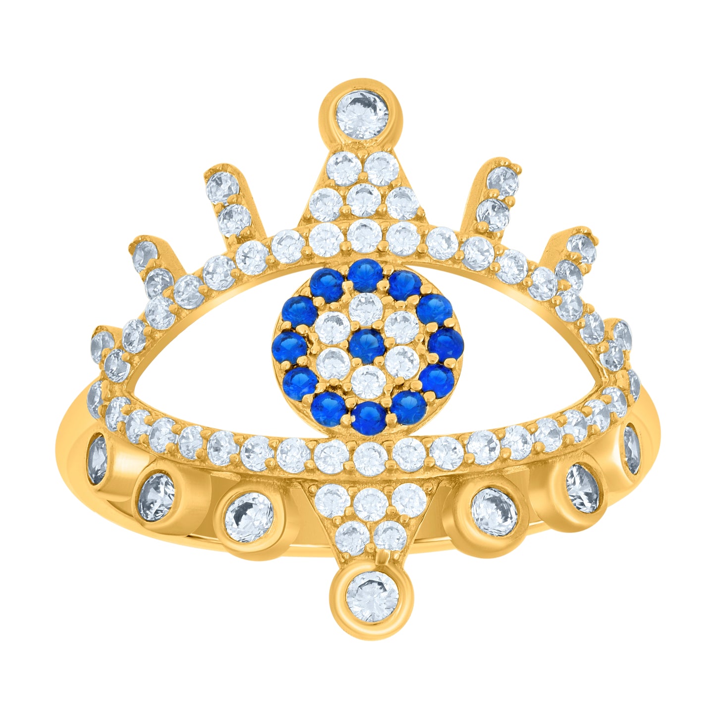 14K Yellow Gold Womens Blue White Cubic-Zirconia Evil Eye Good Luck Ring