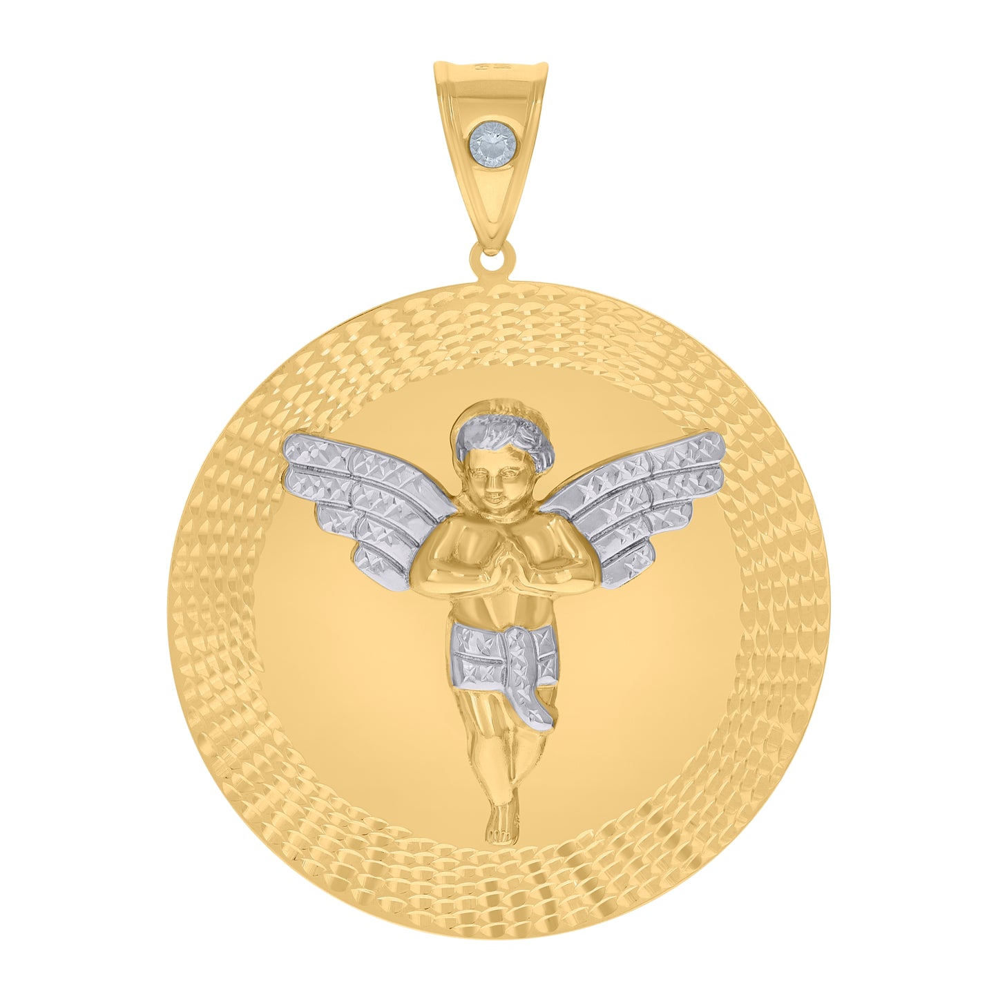 10K Two-tone Gold Mens Cubic-Zirconia Medallion Angel Religious Charm Pendant