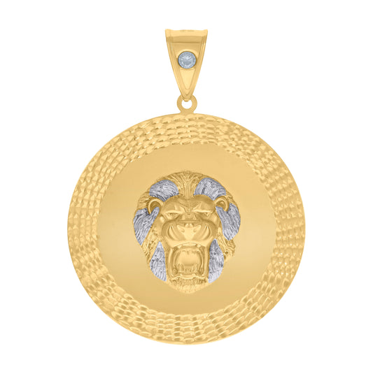 10K Two-tone Gold Mens Cubic-Zirconia Medallion Leo/Lion Head Zodiac Sign/Wildlife Charm Pendant