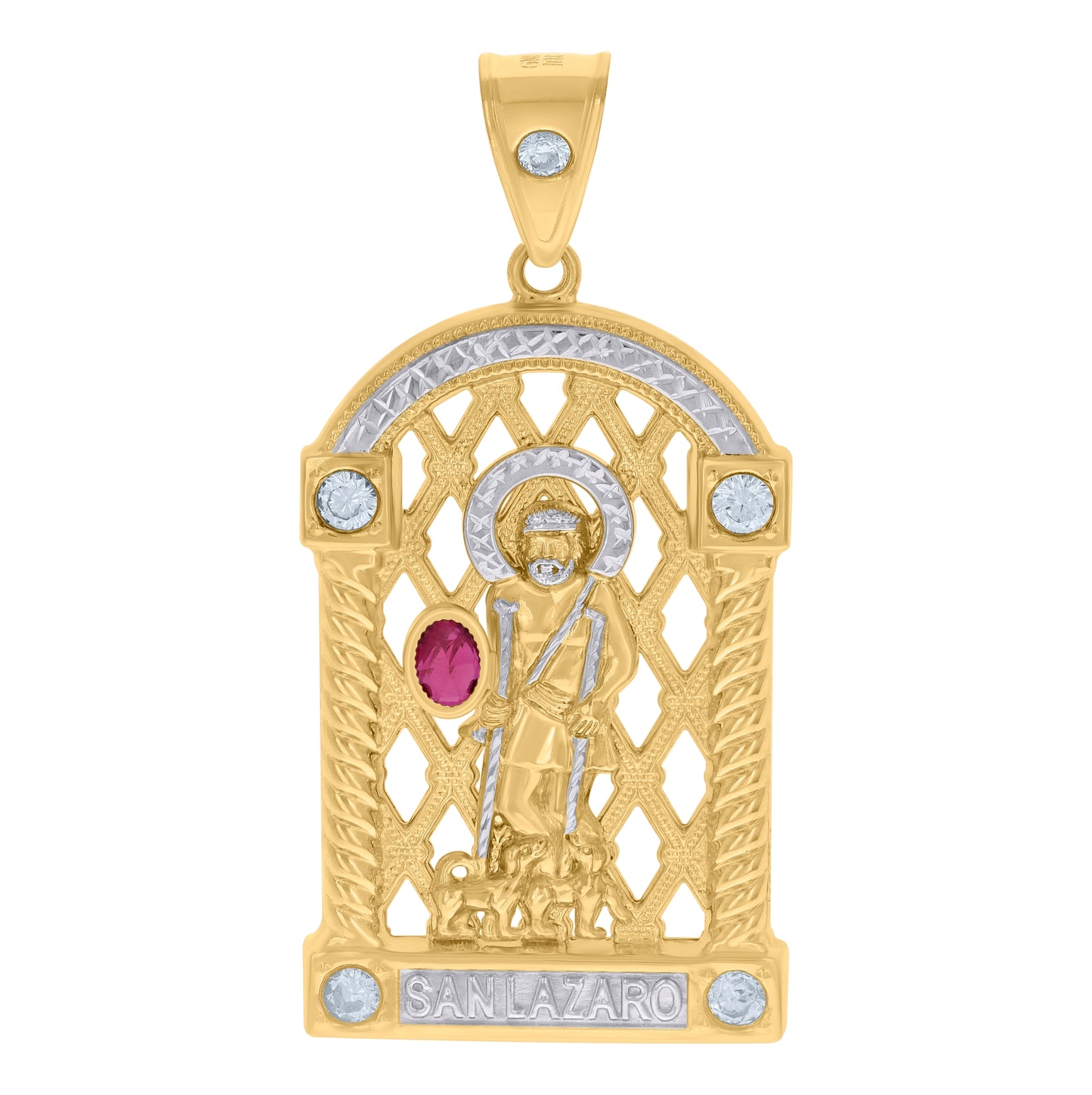 10K Two-tone Gold Mens Red White Oval Round Cubic-Zirconia St. Lazarus Religious Charm Pendant