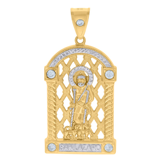 10K Two-tone Gold Mens Cubic-Zirconia St. Lazarus Religious Charm Pendant