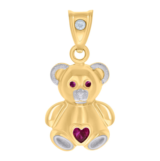 10K Two-tone Gold Womens Red White Heart Round Cubic-Zirconia Teddy Bear Fashion Charm Pendant