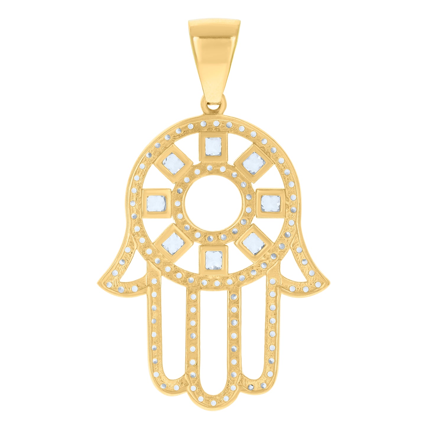 10K Yellow Gold Mens Princess Cut Round Cubic-Zirconia Hamsa Symbol Religious Charm Pendant