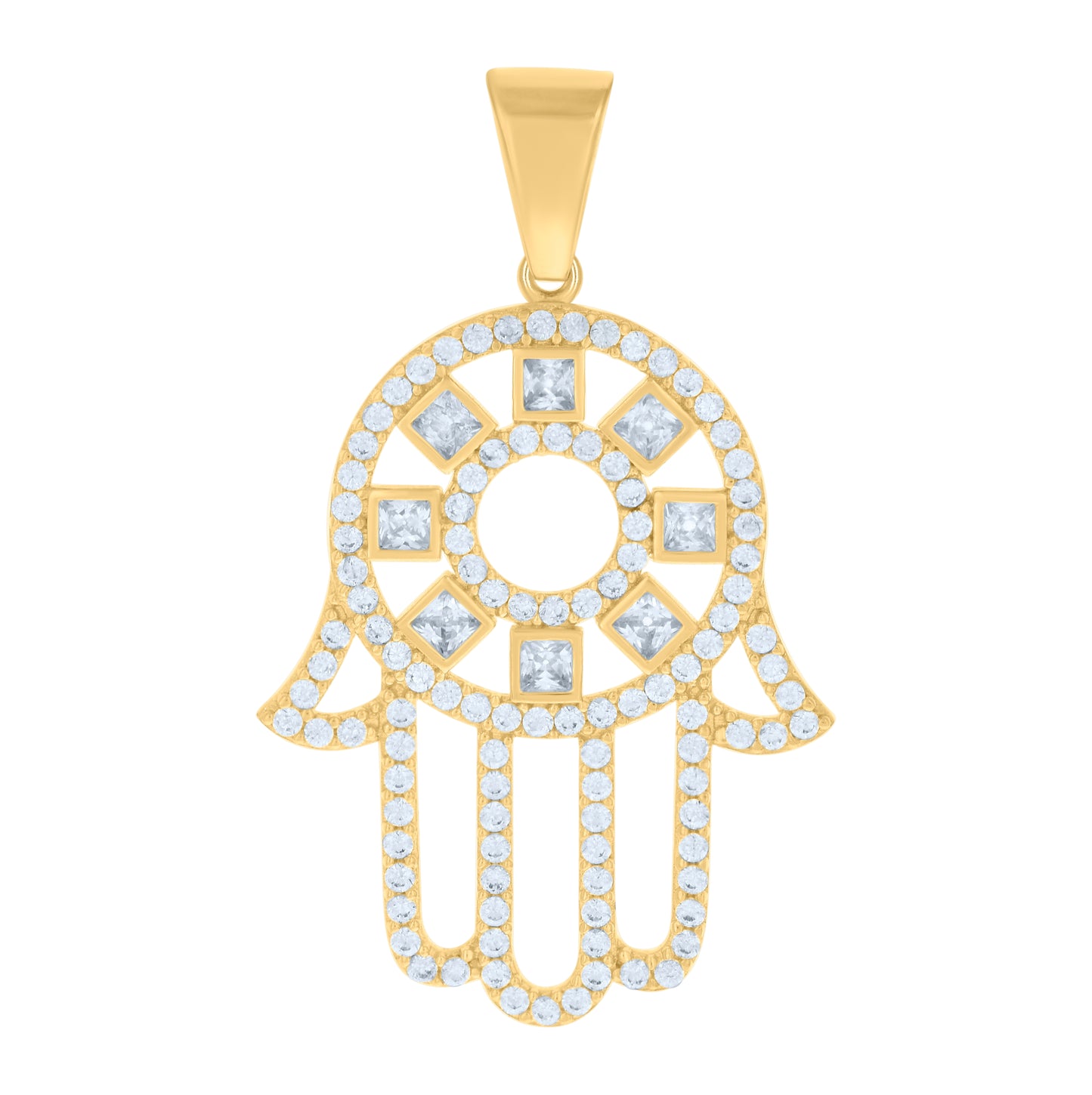 10K Yellow Gold Mens Princess Cut Round Cubic-Zirconia Hamsa Symbol Religious Charm Pendant
