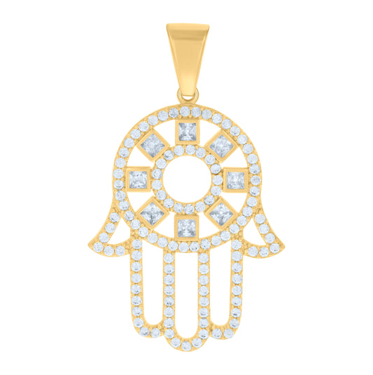 10K Yellow Gold Mens Princess Cut Round Cubic-Zirconia Hamsa Symbol Religious Charm Pendant