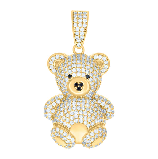 10K Yellow Gold Mens Black White Cubic-Zirconia Teddy Bear Charm Pendant