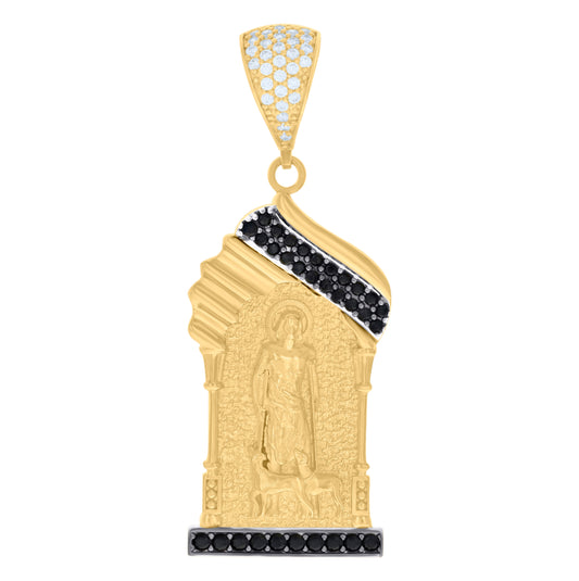 10K Two-tone Gold Mens Black White Cubic-Zirconia St. Lazarus Saints Religious Charm Pendant