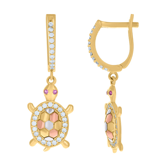 10K Tri-Color Gold Womens Pink White Cubic-Zirconia Tortoise Danglers Earrings