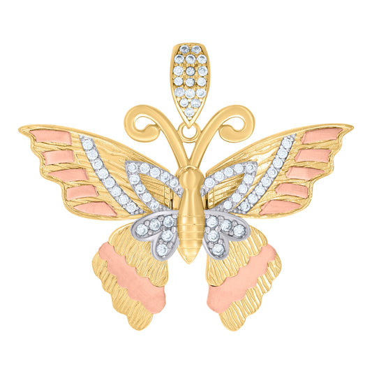 10K Tri-Color Gold Womens Cubic-Zirconia Butterfly Fashion Charm Pendant