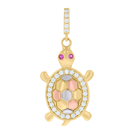 10K Tri-Color Gold Womens Pink White Cubic-Zirconia Tortoise Ocean Charm Pendant