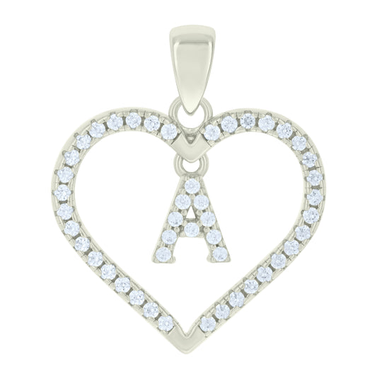 Sterling Silver Womens Cubic-Zirconia Initial Alphabet Heart Charm Pendant