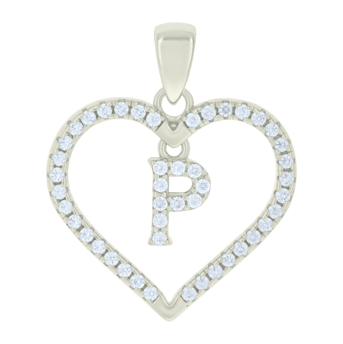 Sterling Silver Womens Cubic-Zirconia Initial Alphabet Heart Charm Pendant