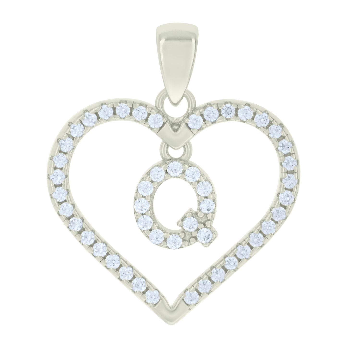 Sterling Silver Womens Cubic-Zirconia Initial Alphabet Heart Charm Pendant