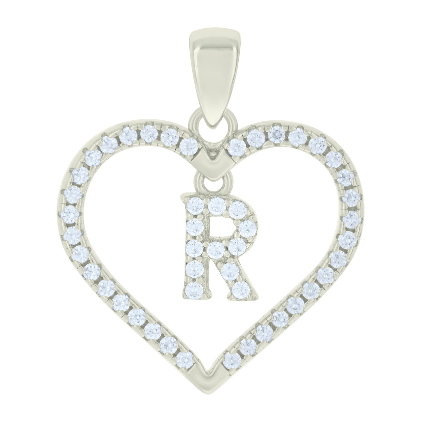 Sterling Silver Womens Cubic-Zirconia Initial Alphabet Heart Charm Pendant