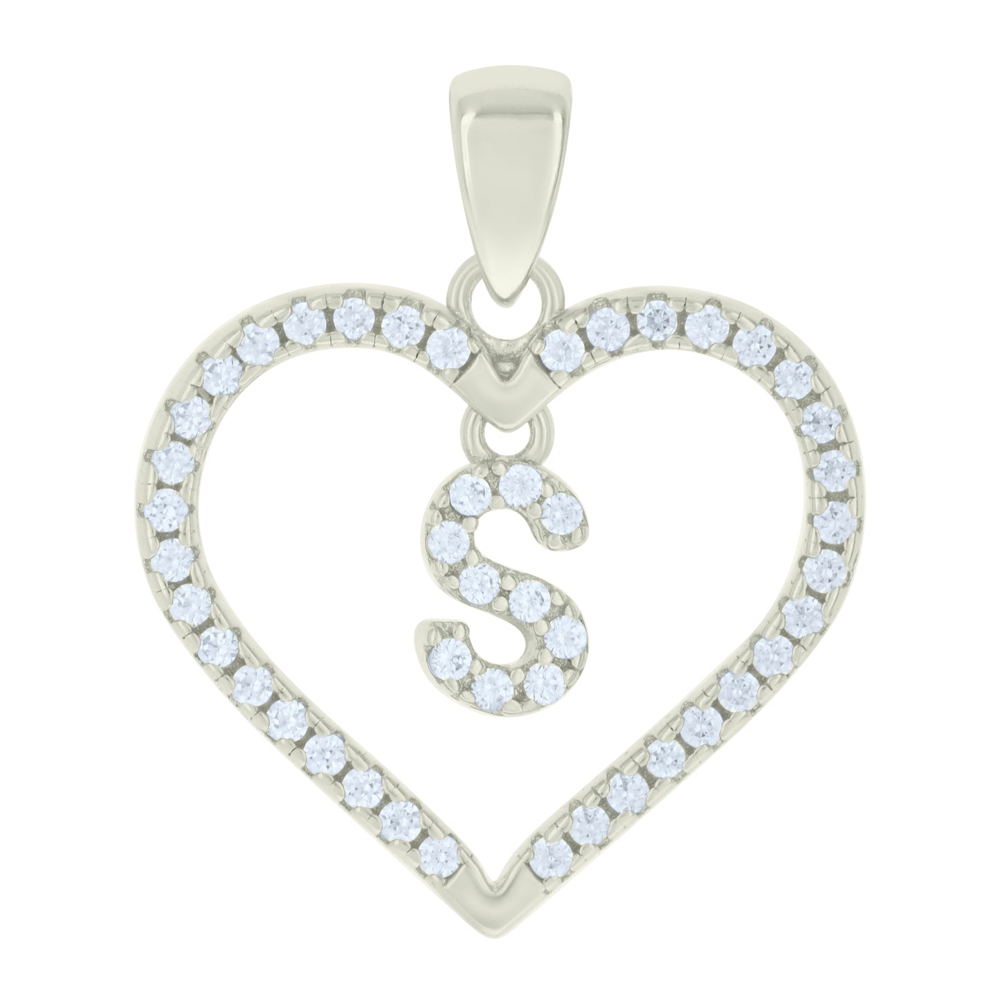 Sterling Silver Womens Cubic-Zirconia Initial Alphabet Heart Charm Pendant