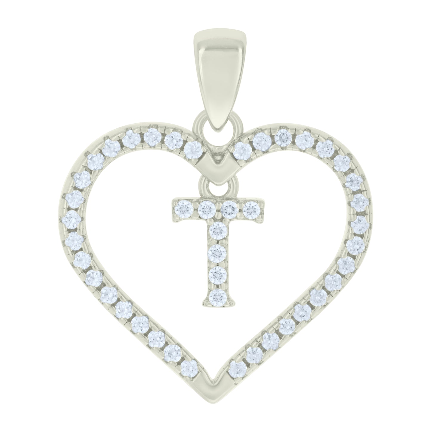 Sterling Silver Womens Cubic-Zirconia Initial Alphabet Heart Charm Pendant