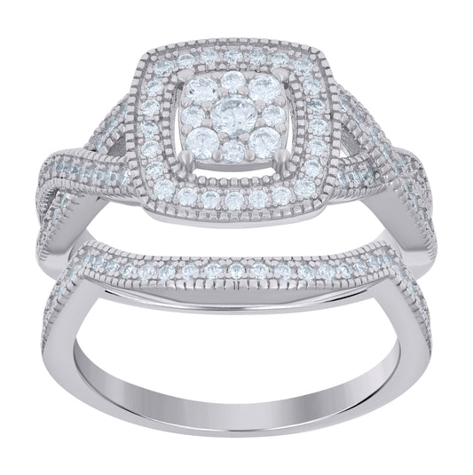 Sterling Silver Womens Cubic-Zirconia Duo Bridal Anniversary Wedding Engagement Band Ring Set Bridal Anniversary Wedding Engagement Band Ring