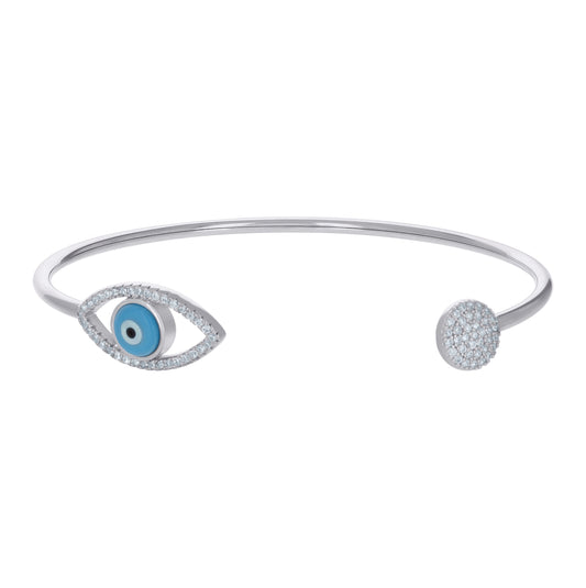 Sterling Silver Womens Cubic-Zirconia Evil Eye Good Luck Enameled Cuff Bangle