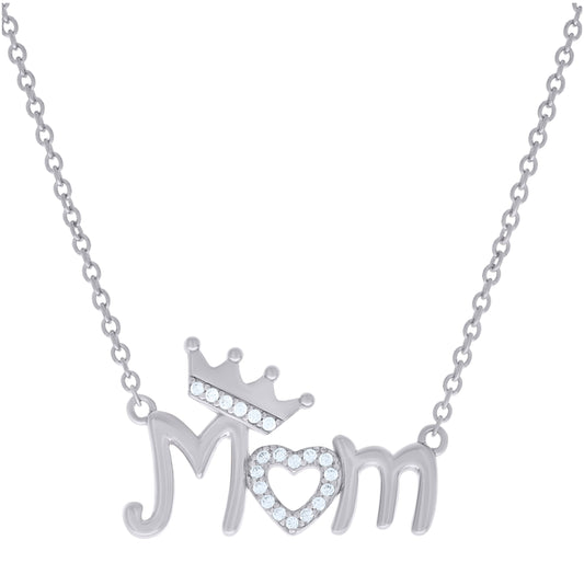 Sterling Silver Womens Cubic-Zirconia Tiara Heart Mom Necklace
