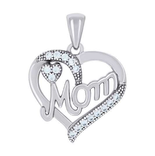 Sterling Silver Womens Cubic-Zirconia Heart Mom Charm Pendant