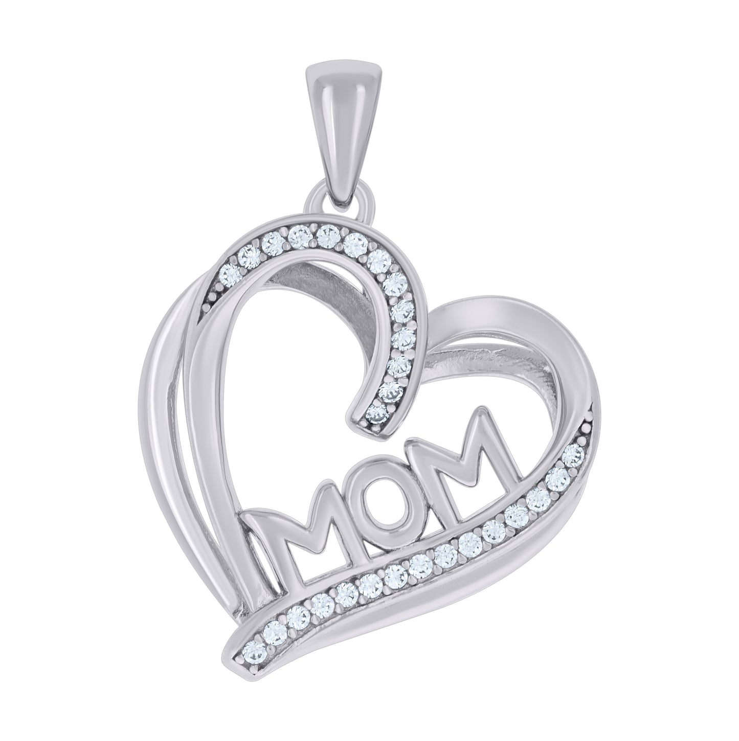 Sterling Silver Womens Cubic-Zirconia Double Heart Mom Charm Pendant