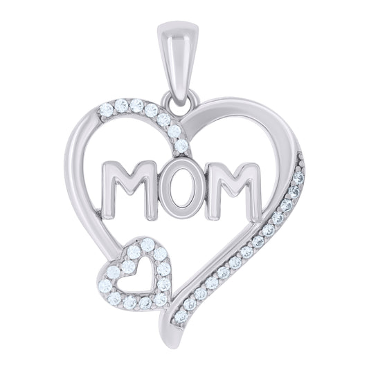Sterling Silver Womens Cubic-Zirconia Double Heart Mom Charm Pendant