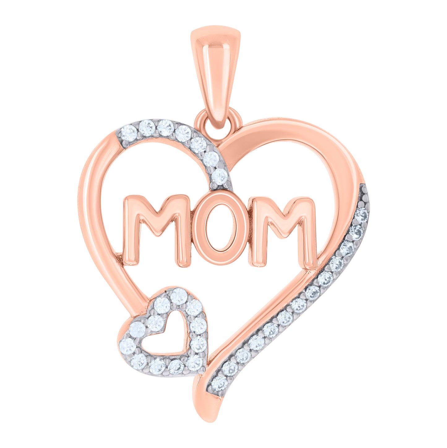 Sterling Silver Womens Cubic-Zirconia Double Heart Mom Charm Pendant