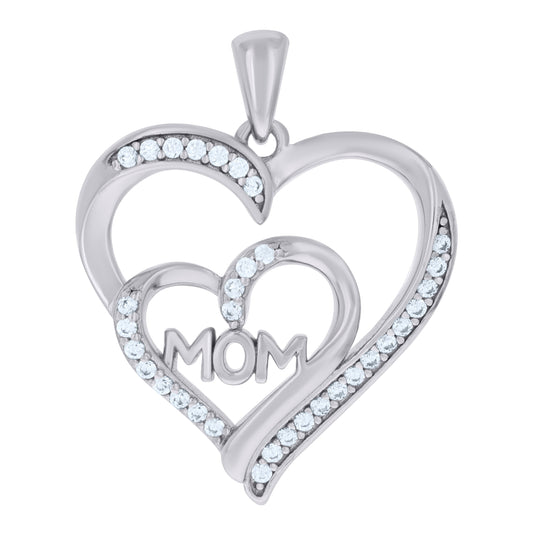 Sterling Silver Womens Cubic-Zirconia Double Heart Mom Charm Pendant