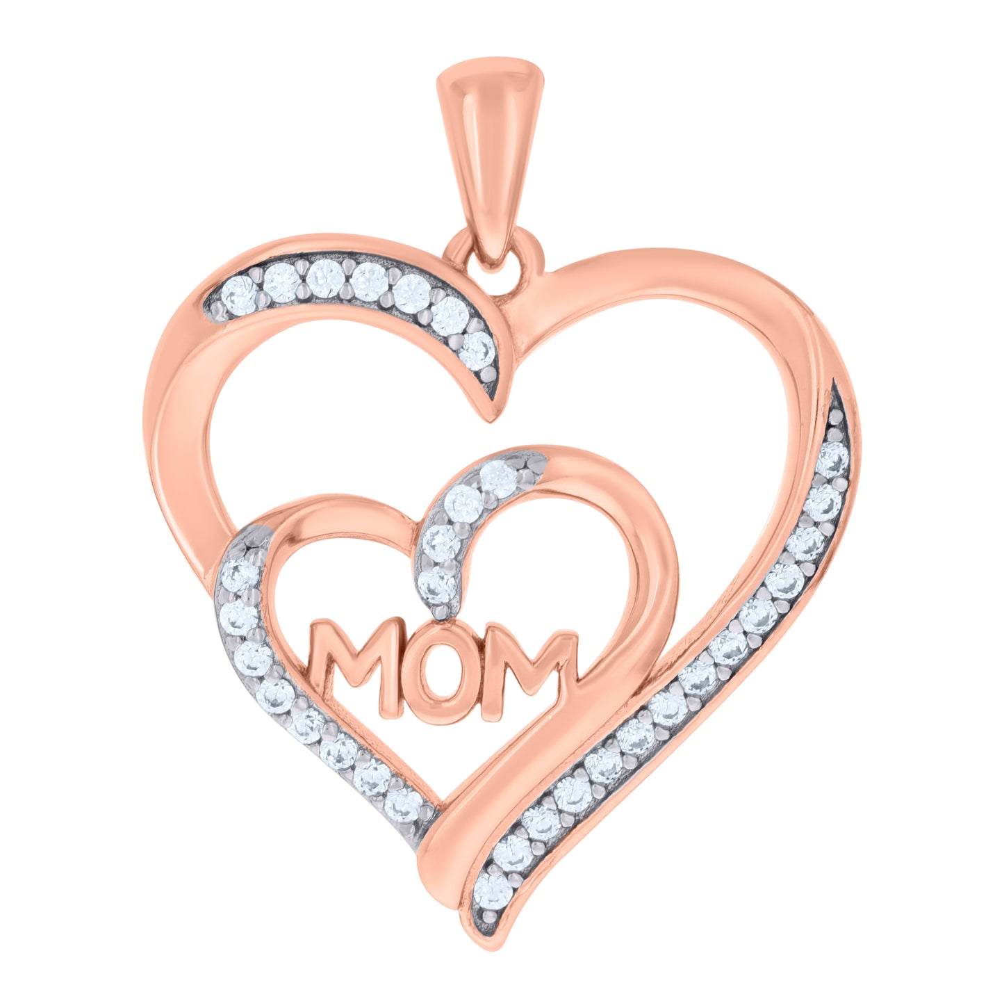Sterling Silver Womens Cubic-Zirconia Double Heart Mom Charm Pendant