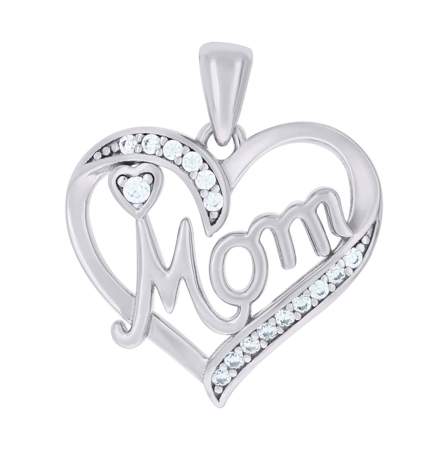 Sterling Silver Womens Cubic-Zirconia Heart Mom Charm Pendant