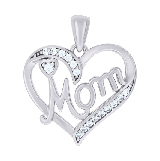 Sterling Silver Womens Cubic-Zirconia Heart Mom Charm Pendant