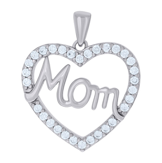 Sterling Silver Womens Cubic-Zirconia Heart Mom Charm Pendant