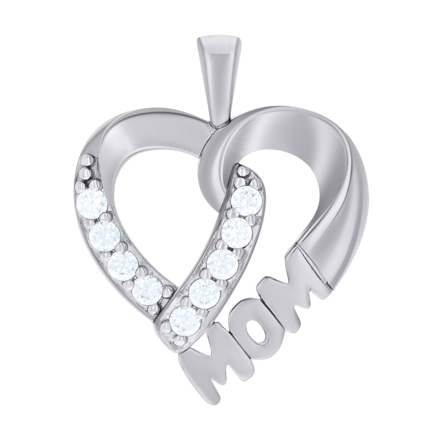Sterling Silver Womens Cubic-Zirconia Heart Mom Charm Pendant