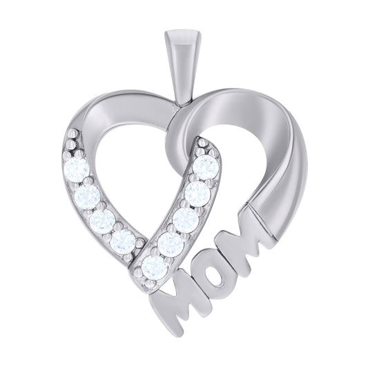 Sterling Silver Womens Cubic-Zirconia Heart Mom Charm Pendant