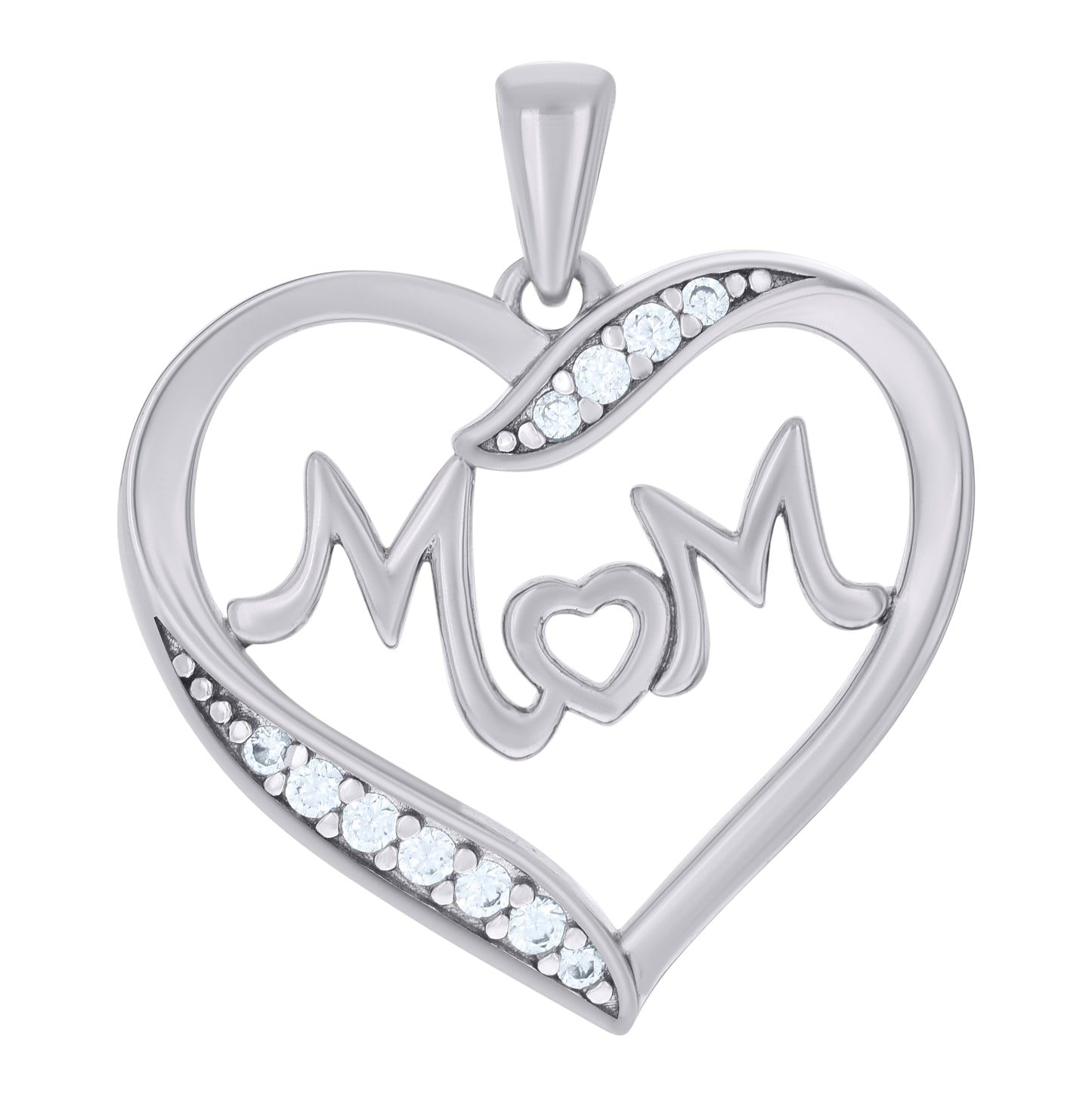 Sterling Silver Womens Cubic-Zirconia Heart Mom Charm Pendant