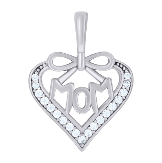Sterling Silver Womens Cubic-Zirconia Heart Mom Charm Pendant