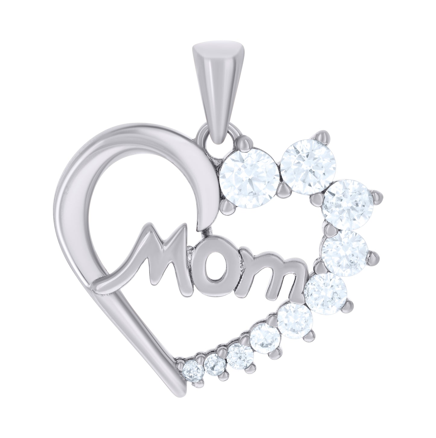 Sterling Silver Womens Cubic-Zirconia Heart Mom Charm Pendant