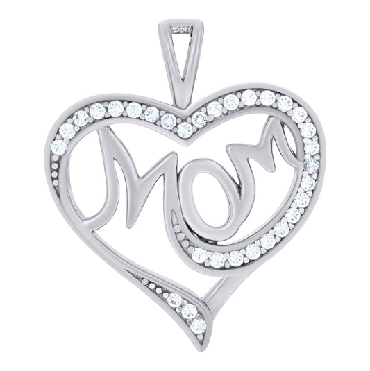 Sterling Silver Womens Cubic-Zirconia Heart Mom Charm Pendant