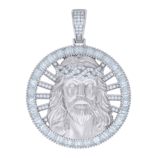 Sterling Silver Mens Baguette Round Cubic-Zirconia Medallion Jesus Religious Charm Pendant