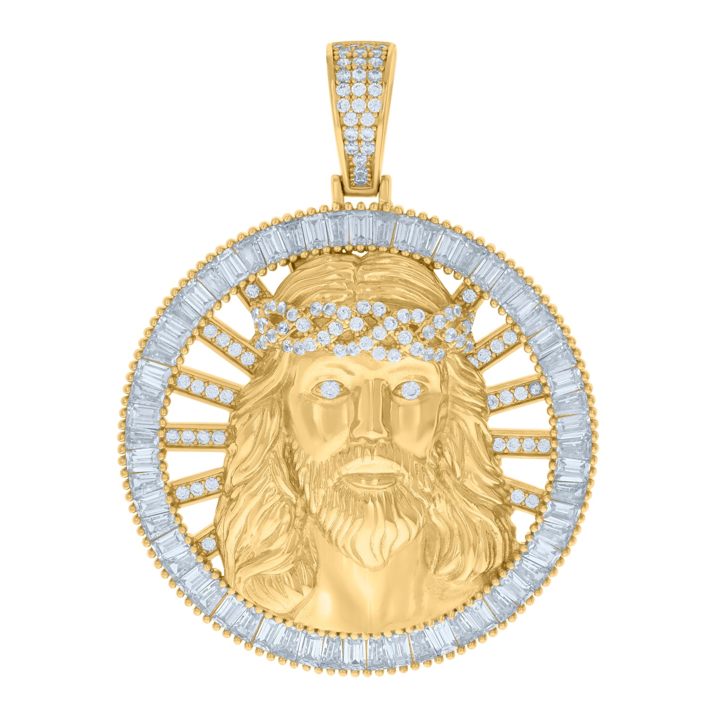 Sterling Silver Mens Baguette Round Cubic-Zirconia Medallion Jesus Religious Charm Pendant