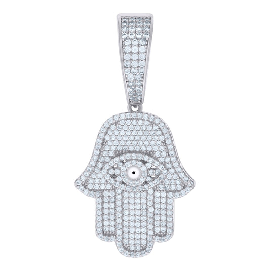 Sterling Silver Mens Cubic-Zirconia Evil Eye Hamsa Symbol Religious Charm Pendant