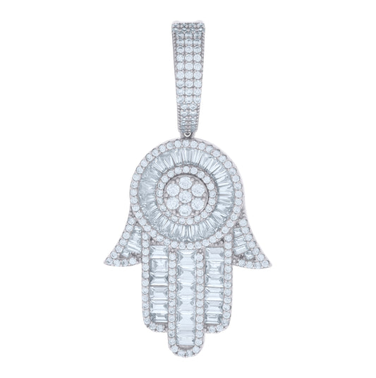 Sterling Silver Mens Baguette Round Cubic-Zirconia Hamsa Symbol Religious Charm Pendant