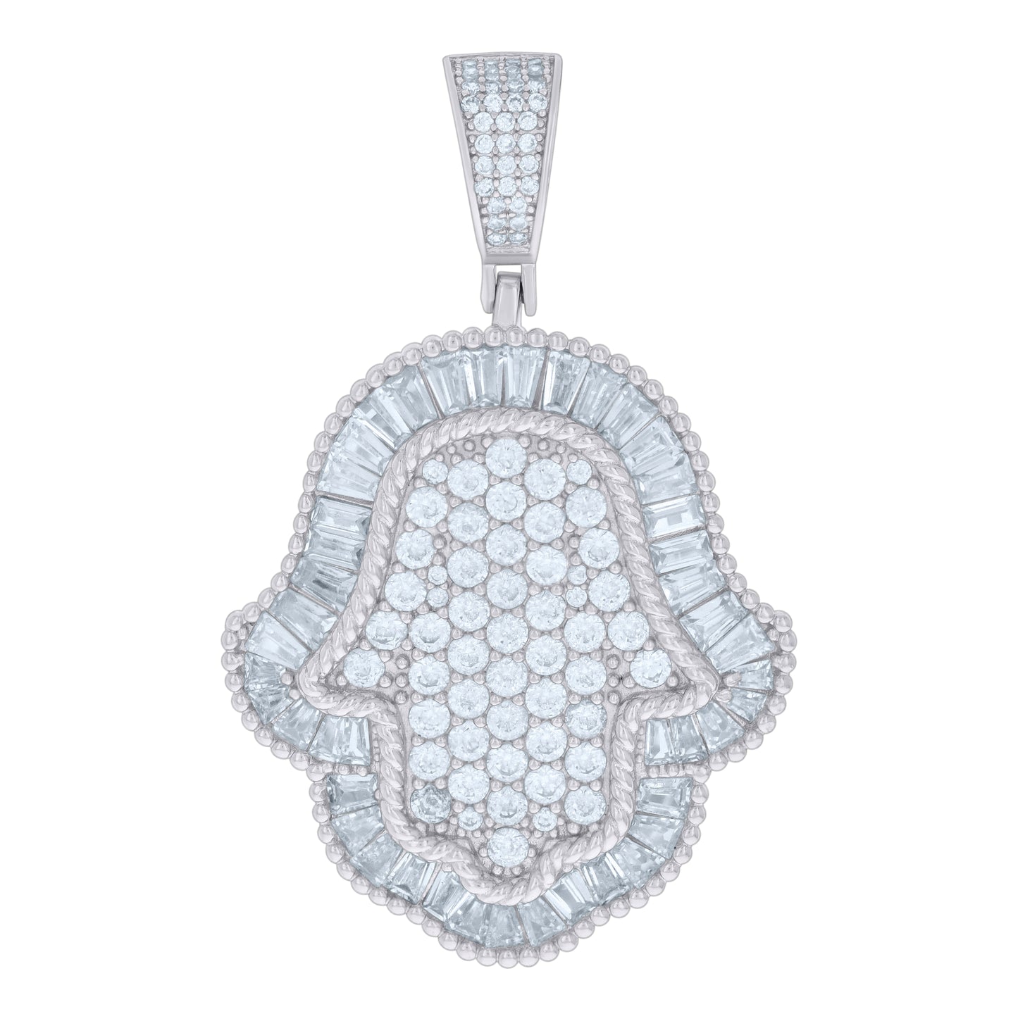 Sterling Silver Mens Baguette Round Cubic-Zirconia Hamsa Symbol Religious Charm Pendant
