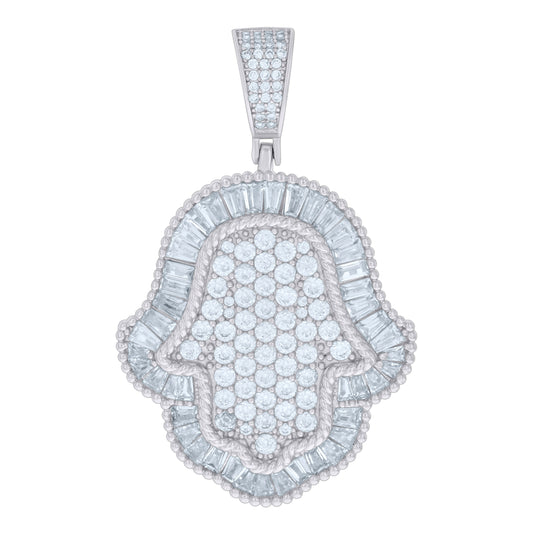 Sterling Silver Mens Baguette Round Cubic-Zirconia Hamsa Symbol Religious Charm Pendant