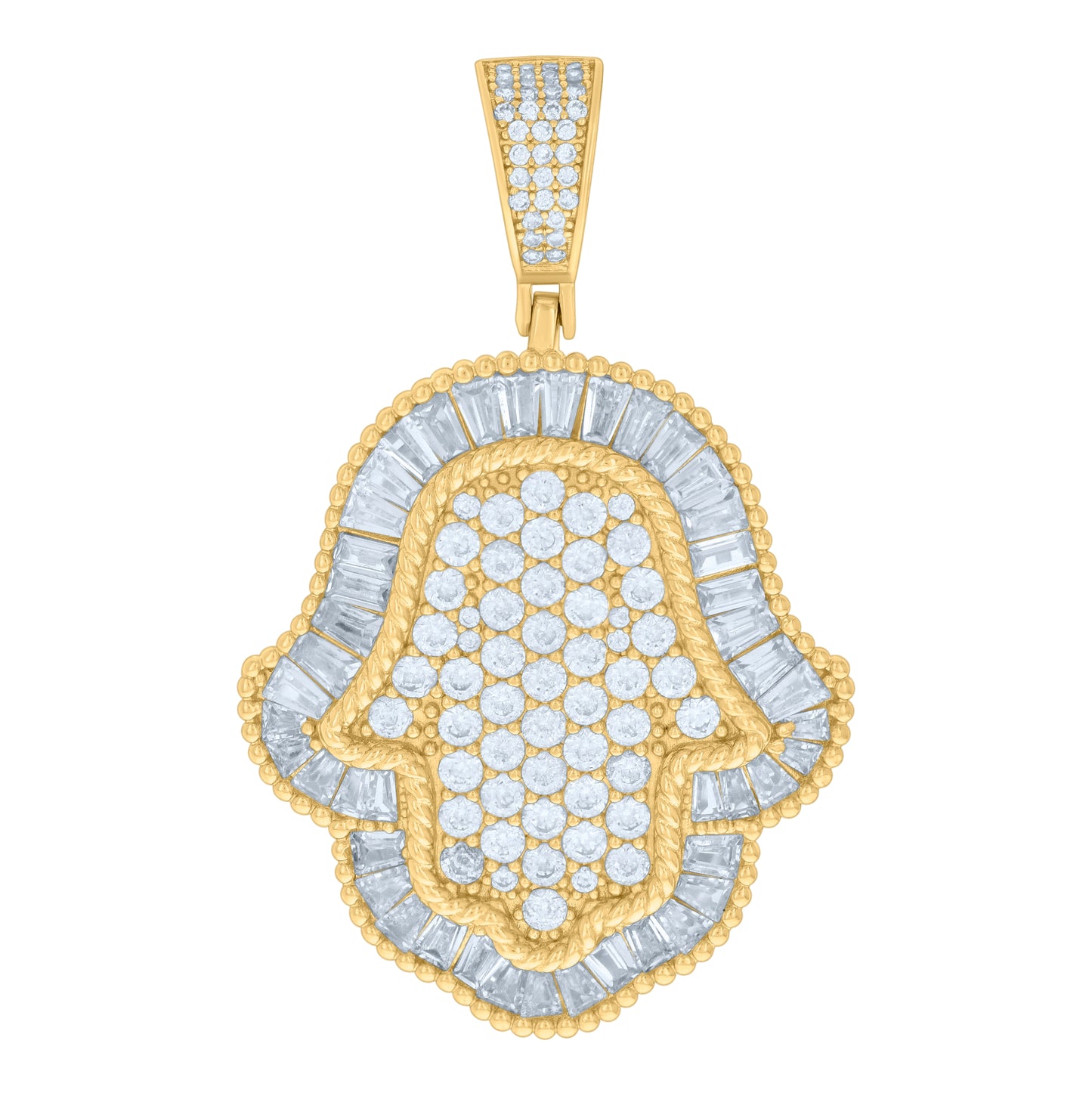 Sterling Silver Mens Baguette Round Cubic-Zirconia Hamsa Symbol Religious Charm Pendant