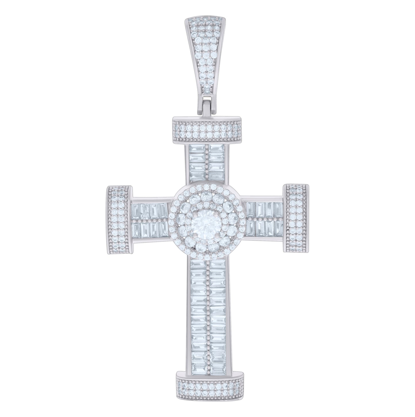 Sterling Silver Mens Baguette Round Cubic-Zirconia Cross Religious Charm Pendant