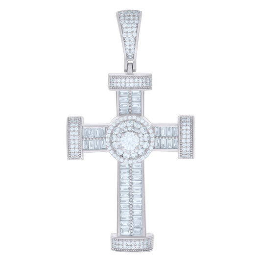 Sterling Silver Mens Baguette Round Cubic-Zirconia Cross Religious Charm Pendant